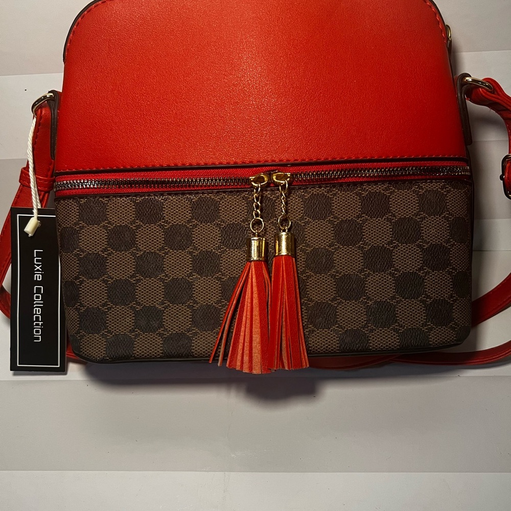 Luxie Red and Brown Crossbody Bag with Gold Zipper
